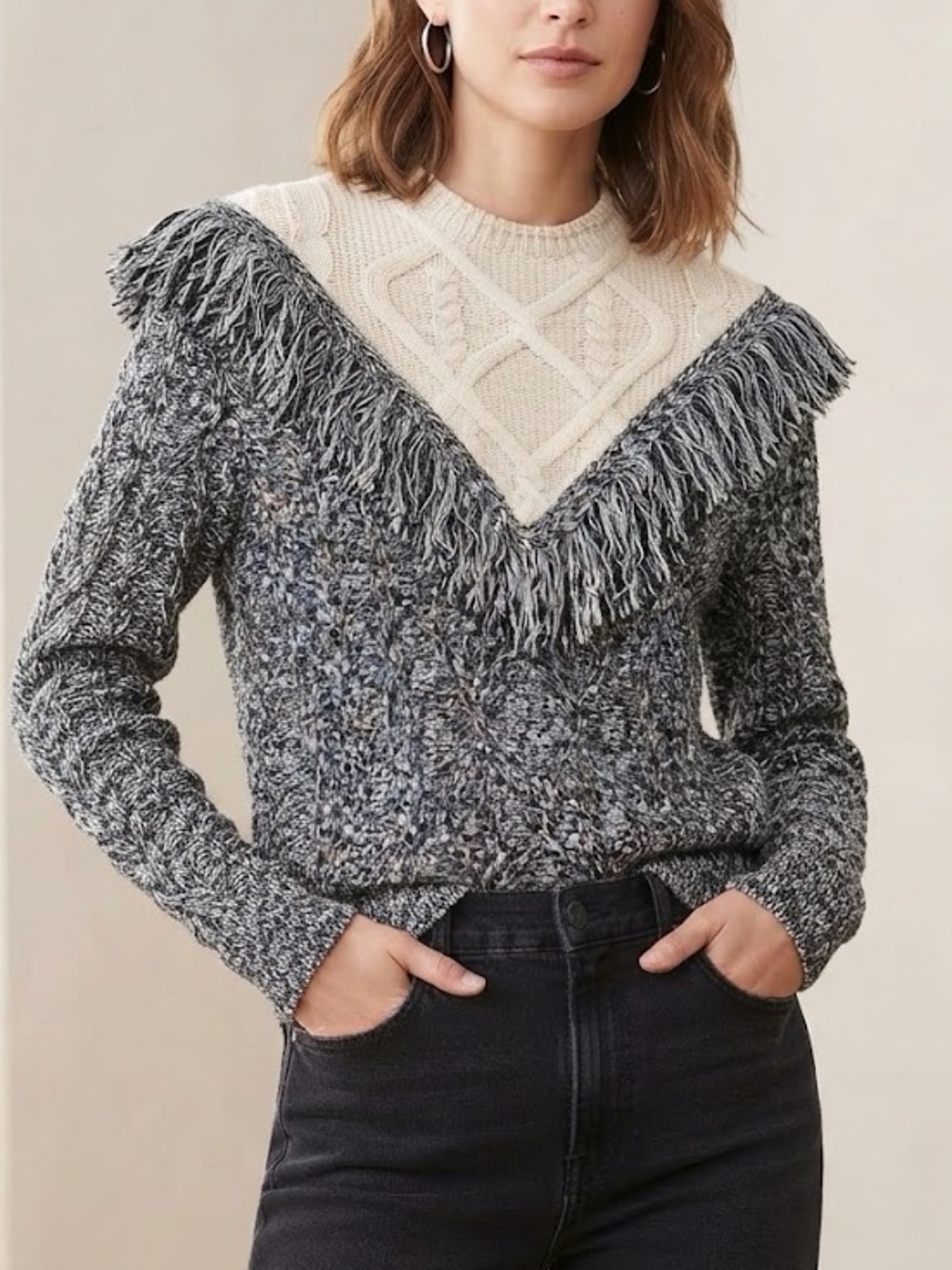 INTERMIX Deja Black White Wool Blend Fringe Cable Knit Mock Neck Sweater Medium